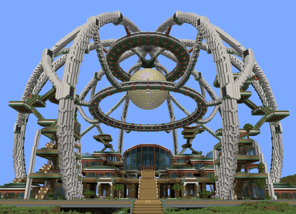 BlueMap view of Server Zero’s placed spawn, with pale arches and a suspended glowing core above timber walkways and gardens.